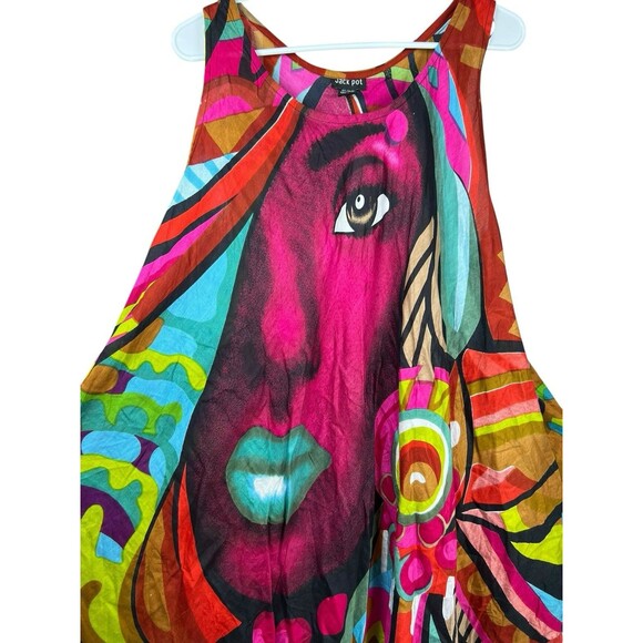 Jack Pot Abstract Art Dress OS Rayon Handkerchief Hem Colorful Graphic Face Boho - Picture 3 of 14